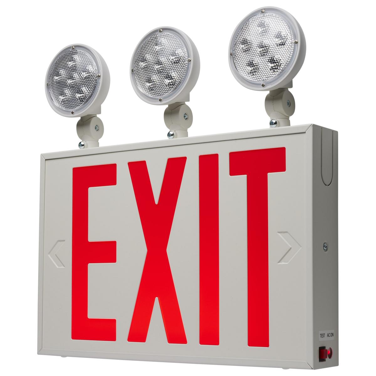 Satco 67-124 Combination Red Exit Sign/Emergency Light, 90min Ni-Cad backup, 120/277V, Tri Head, Single/Dual Face, Universal Mounting, Steel/NYC