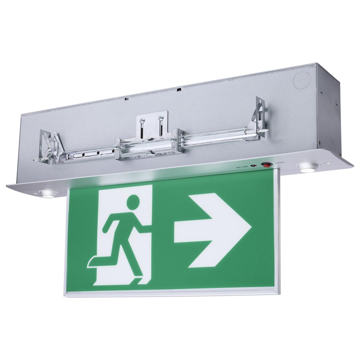 Satco 67-550 EX COMBO-CAN-EL FL-AL Running Man Green Combo Edge Lit Exit Sign/Emergency Light; 120-347V; 2HR backup; Single/Dual Face; Premium Flush Recessed Mounting