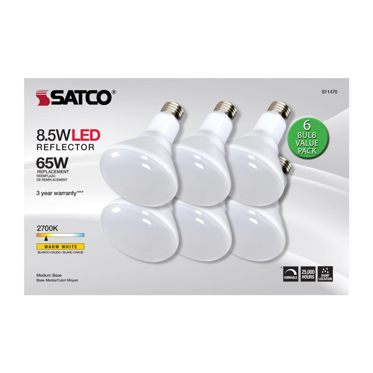 Satco S11472 8.5 Watt BR30 LED 4000K 80 CRI Medium Base 120 Volts Dimmable 6-pack