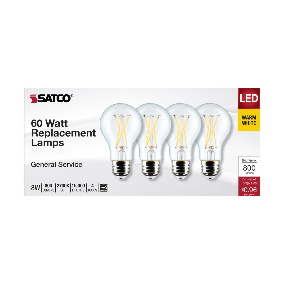 Satco S12464 8 Watt A19 LED Clear 4000K Medium Base 120 Volt 4-Pack