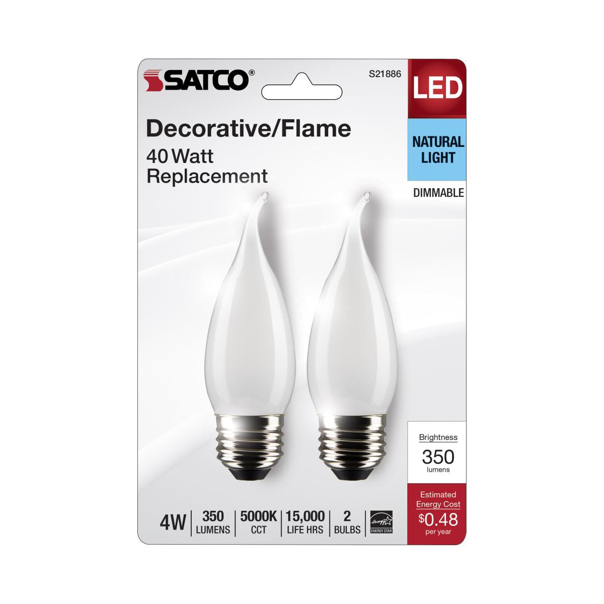 Satco S21886 4 Watt CA10 LED Frost Finish Medium Base 5000K 120 Volt 2-Pack