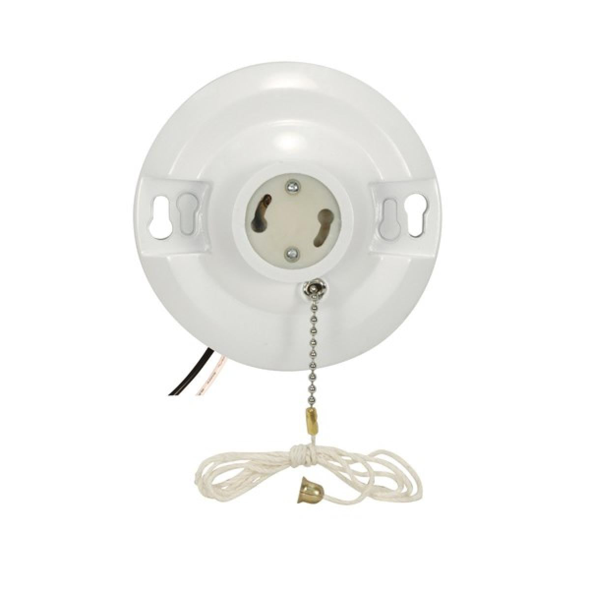 Satco 90-2470 White Phenolic GU24 On-Off Pull Chain Ceiling Receptacle 6" AWM B/W Leads 105C 4-1/2" Diameter 75W 250V