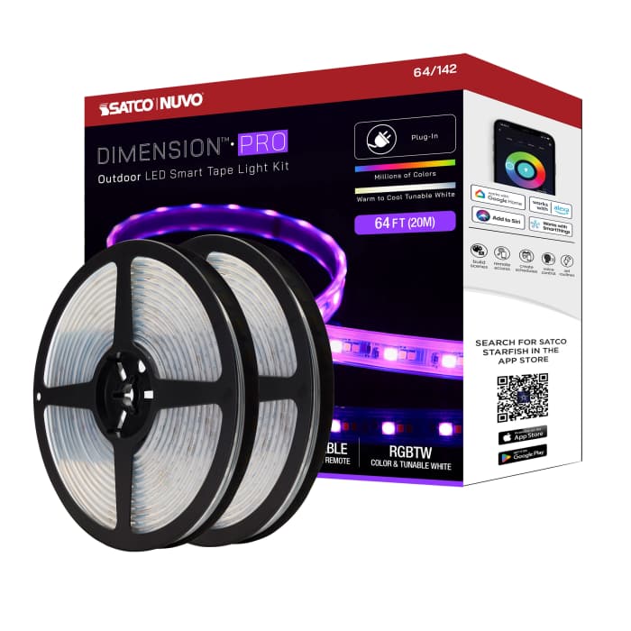 Satco 64-142 Dimension Pro  Tape Light strip  64 ft.  Hi-Output  RGB plus Tunable White  Plug connection  IP65  Starfish IOT Capable  RF Remote Included  White Finish