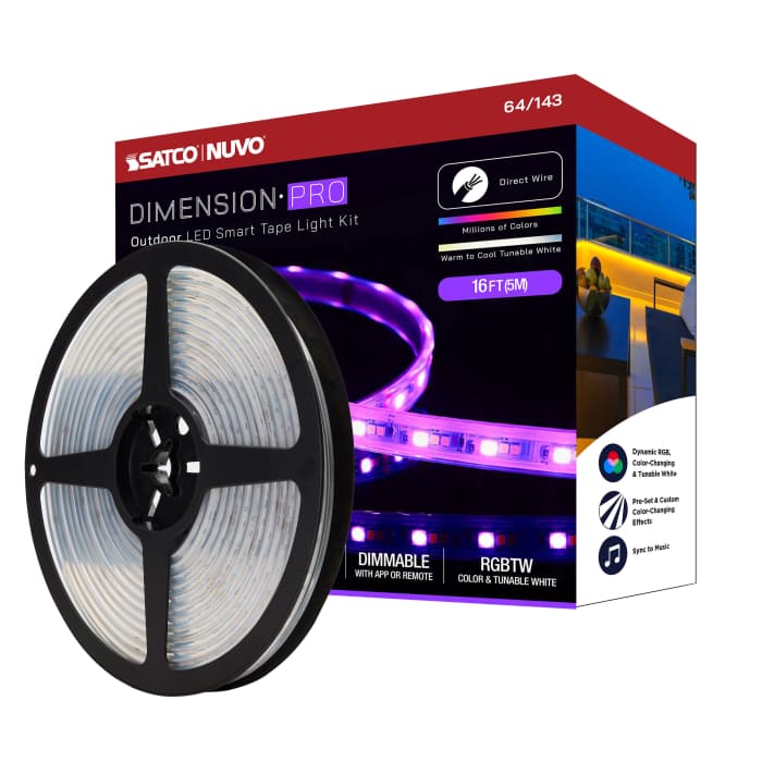 Satco 64-143 Dimension Pro  Tape Light strip  16 ft.  Hi-Output  RGB plus Tunable White  J-Box connection  IP65  Starfish IOT Capable  RF Remote Included  White Finish
