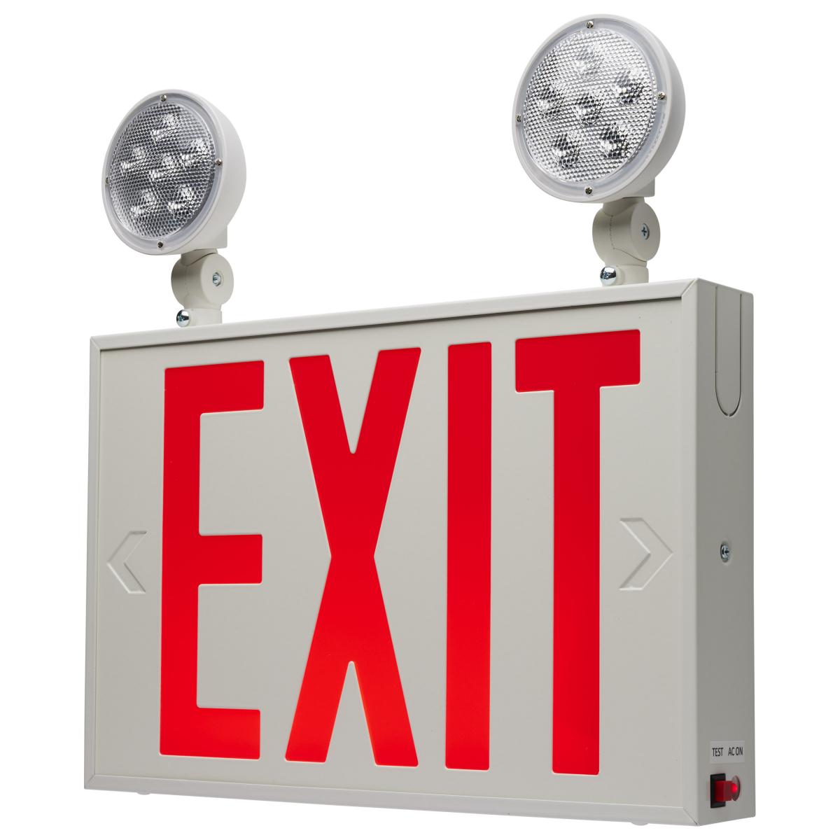Satco 67-123 Combination Red Exit Sign/Emergency Light, 90min Ni-Cad backup, 120-277V, Dual Head, Single/Dual Face, Universal Mounting, Steel/NYC