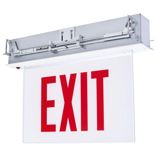 Satco 67-351 Edge Lit Exit Sign Chicago Approved White Housing 120-277V 90 min Backup Double Face Recessed Ceiling and Wall Mounting