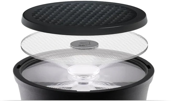 Exploded view of Soraa SNAP 4 inch circular beam spreader above an LED lamp