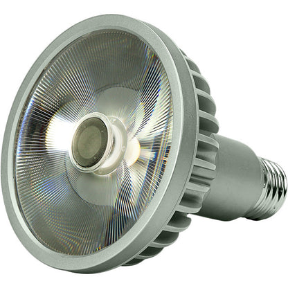 Angled front view of Soraa SP30L-14-25D-827-H1 BRILLIANT PAR30 Long Neck E26 120V LED lamp, 13.7W, 25 degree, 2700K