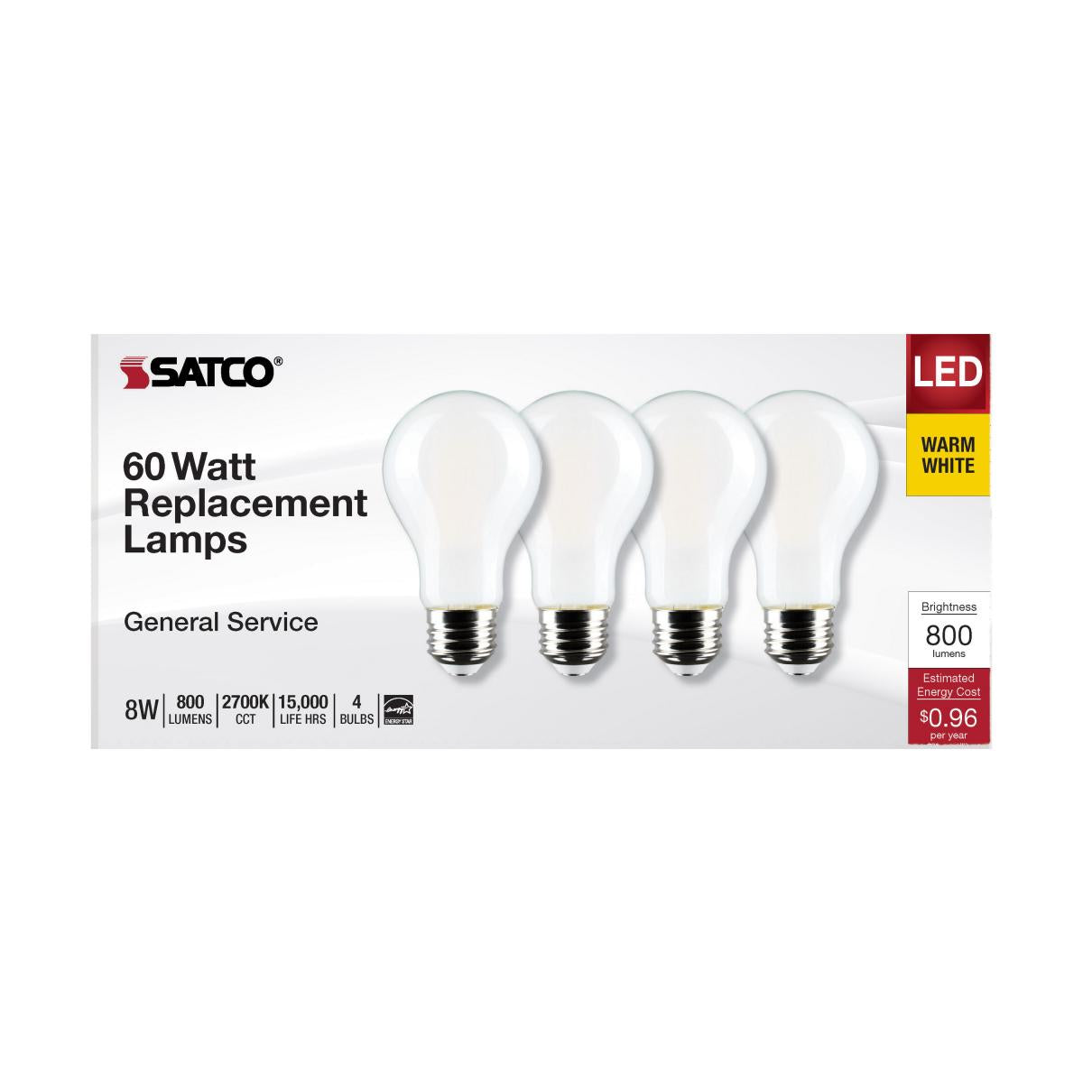 Satco S12467 8 Watt A19 LED Soft White 3000K Medium Base 120 Volt 4-Pack