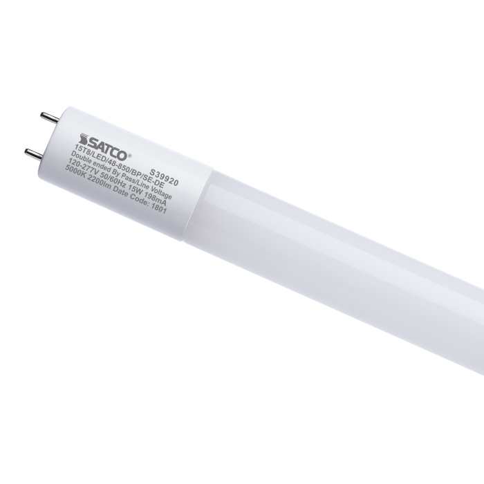 Satco S39920 15 Watt 4 Foot T8 LED  5000K CCT  Medium Bi Pin Base  Ballast Bypass  Single or Double Ended Wiring  120-277 Volt