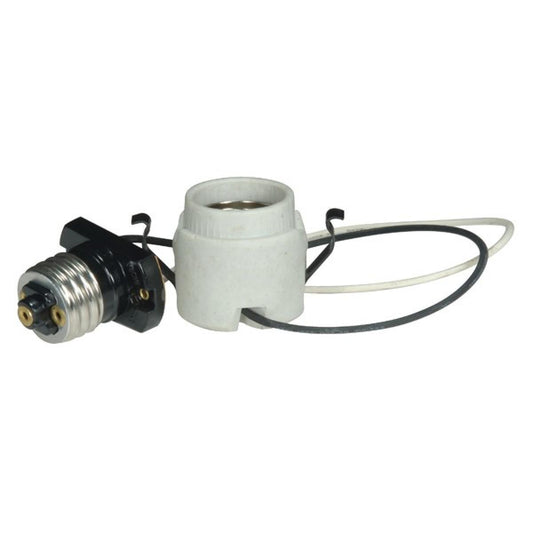 Satco 80-1212 Keyless Porcelain Socket With Adapter And Double Snap-In Clip 10" AWM B/W 150C Leads, CSSNP Screw Shell Unglazed 660W 250V