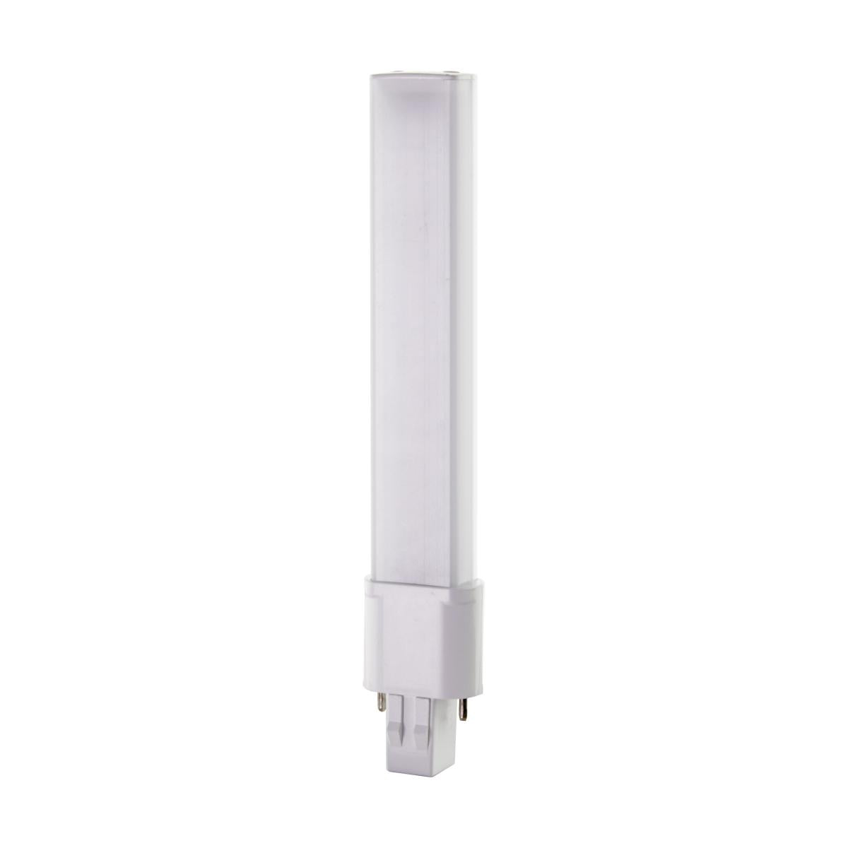Satco S28725 6 Watt LED PL 2-PIN 2700K 600 Lumens GX23 base 50000 Average rated hours 360 deg. Beam Angle 120-277 Volt Type B Ballast Bypass
